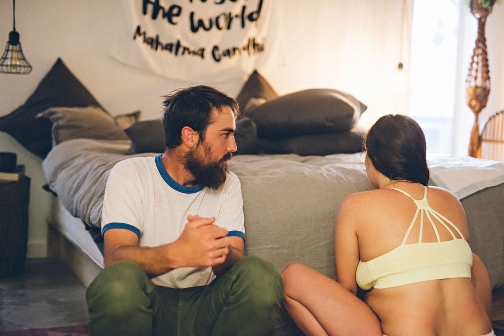 A series of intimate moments between couples in bed showing affectionate interactions and relaxation.