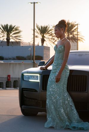 Young woman in mint green lace mermaid gown standing beside luxury Rolls-Royce.