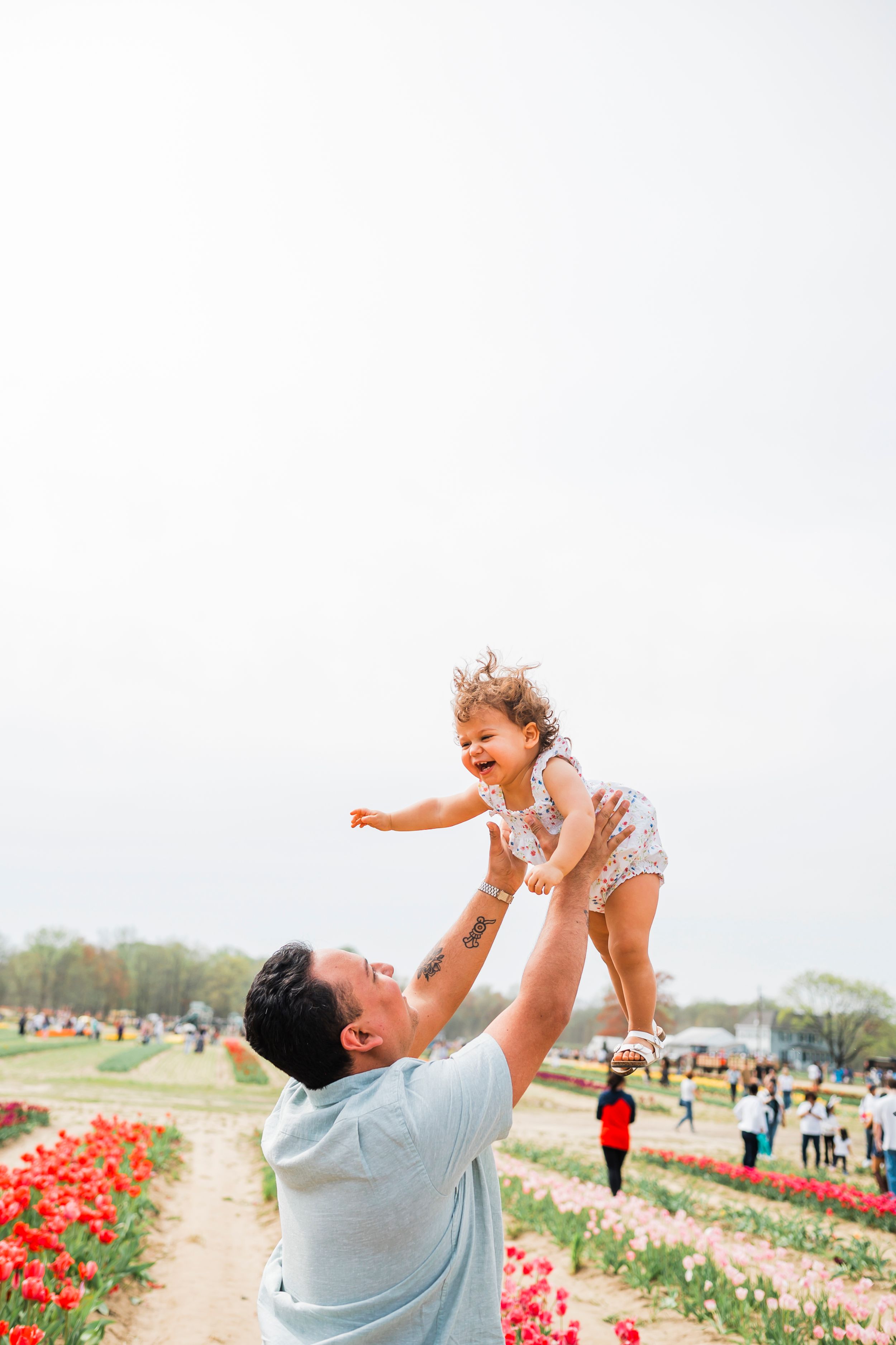 A happy caregiver lifts a joyful toddler high in the air among blooming tulip fields on a sunny spring day.