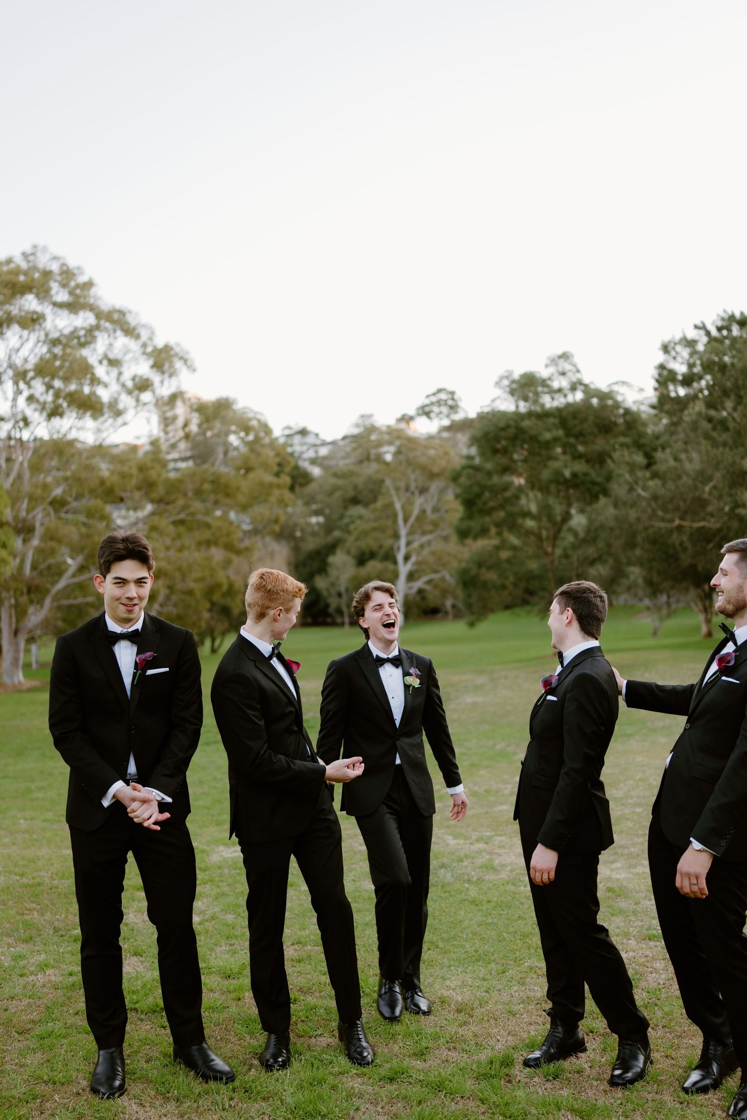 Five groomsmen in black tuxedos laughing outdoors on green grass with trees in background at a wedding.