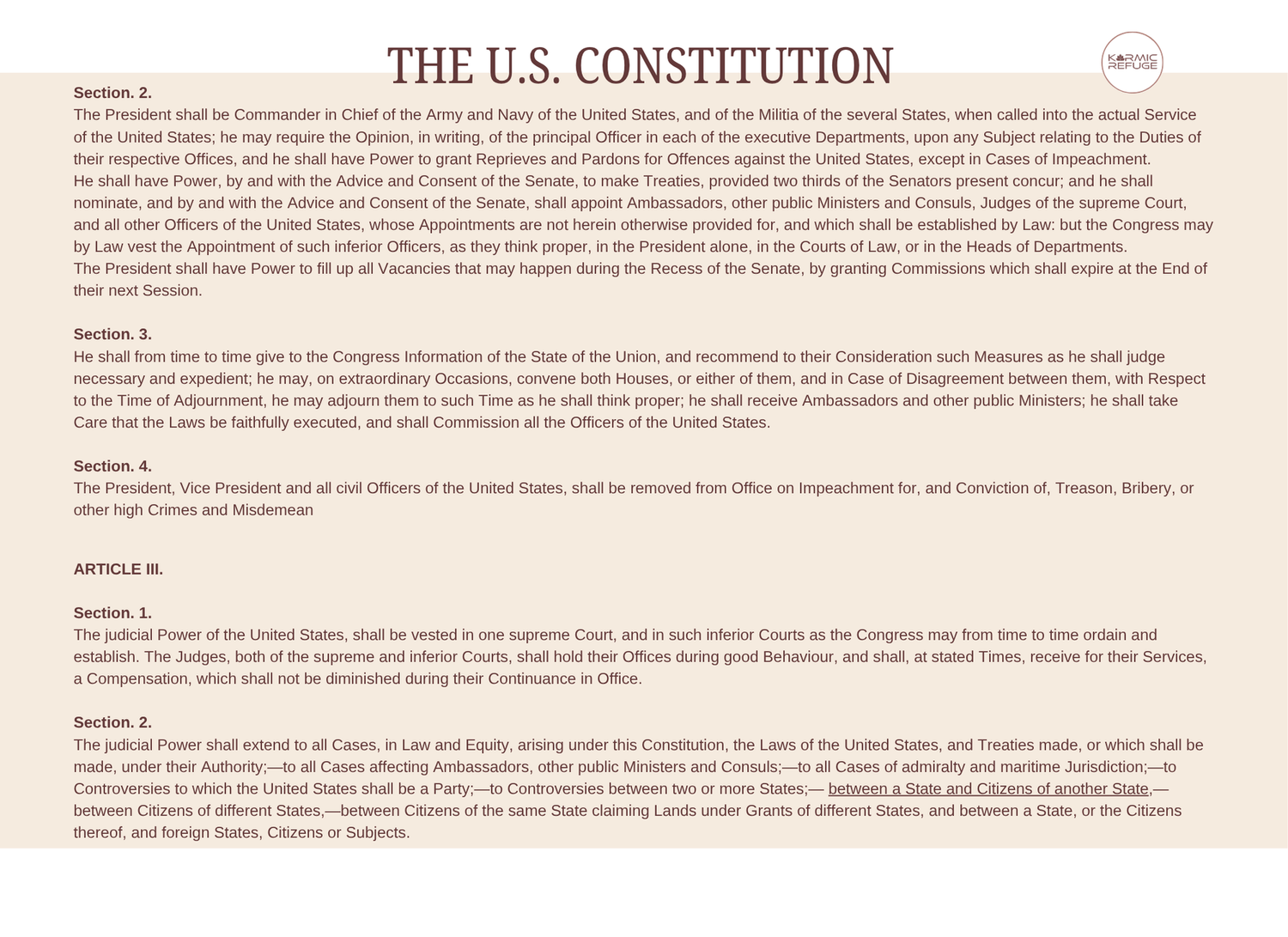 A close-up photograph of a page from the United States Constitution document showing Article II text.