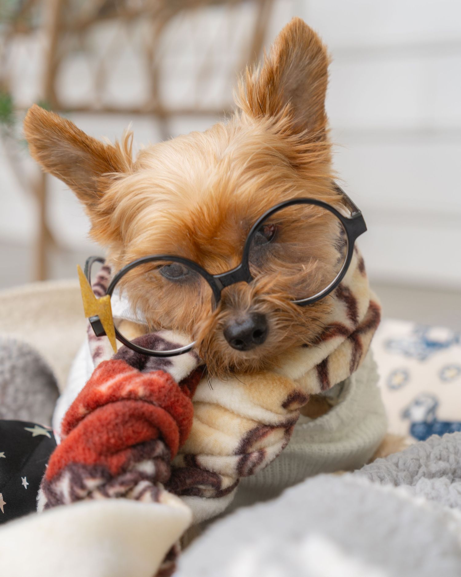 yorkie wearing Harry Potter glasses
