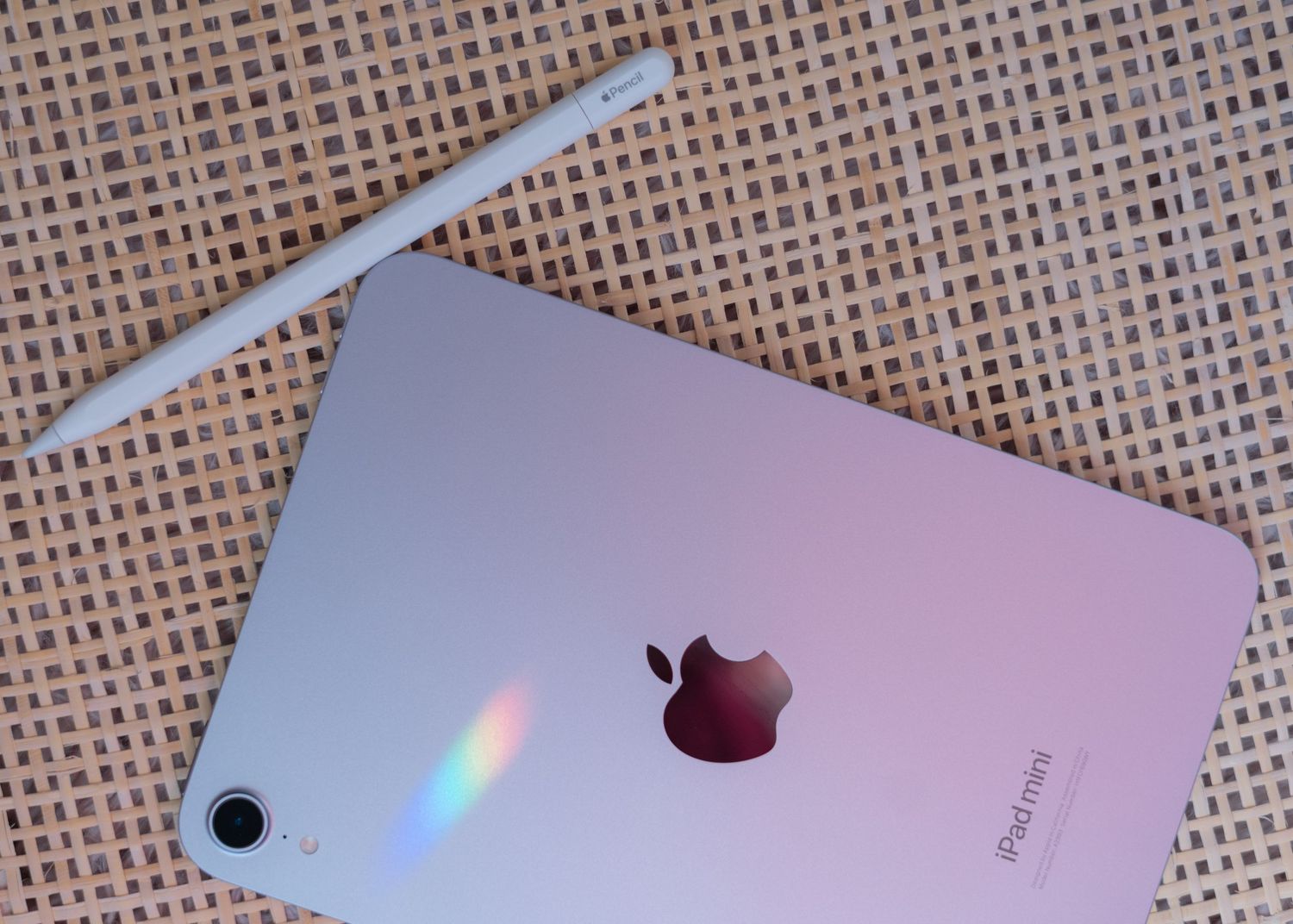 Apple Pencil and purple iPad mini laying on rattan tray