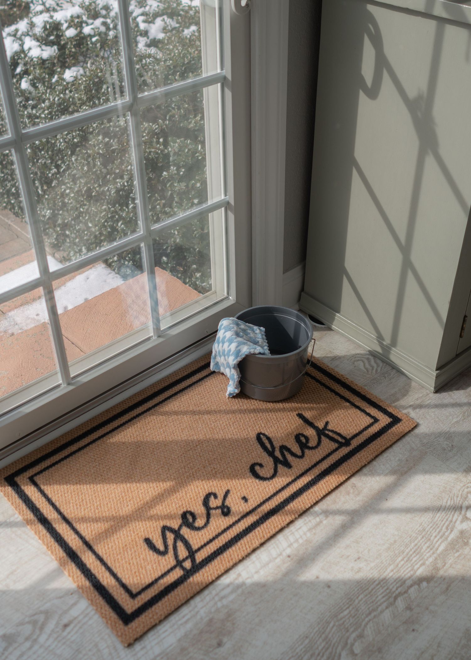 cleaning bucket sitting on floor mat