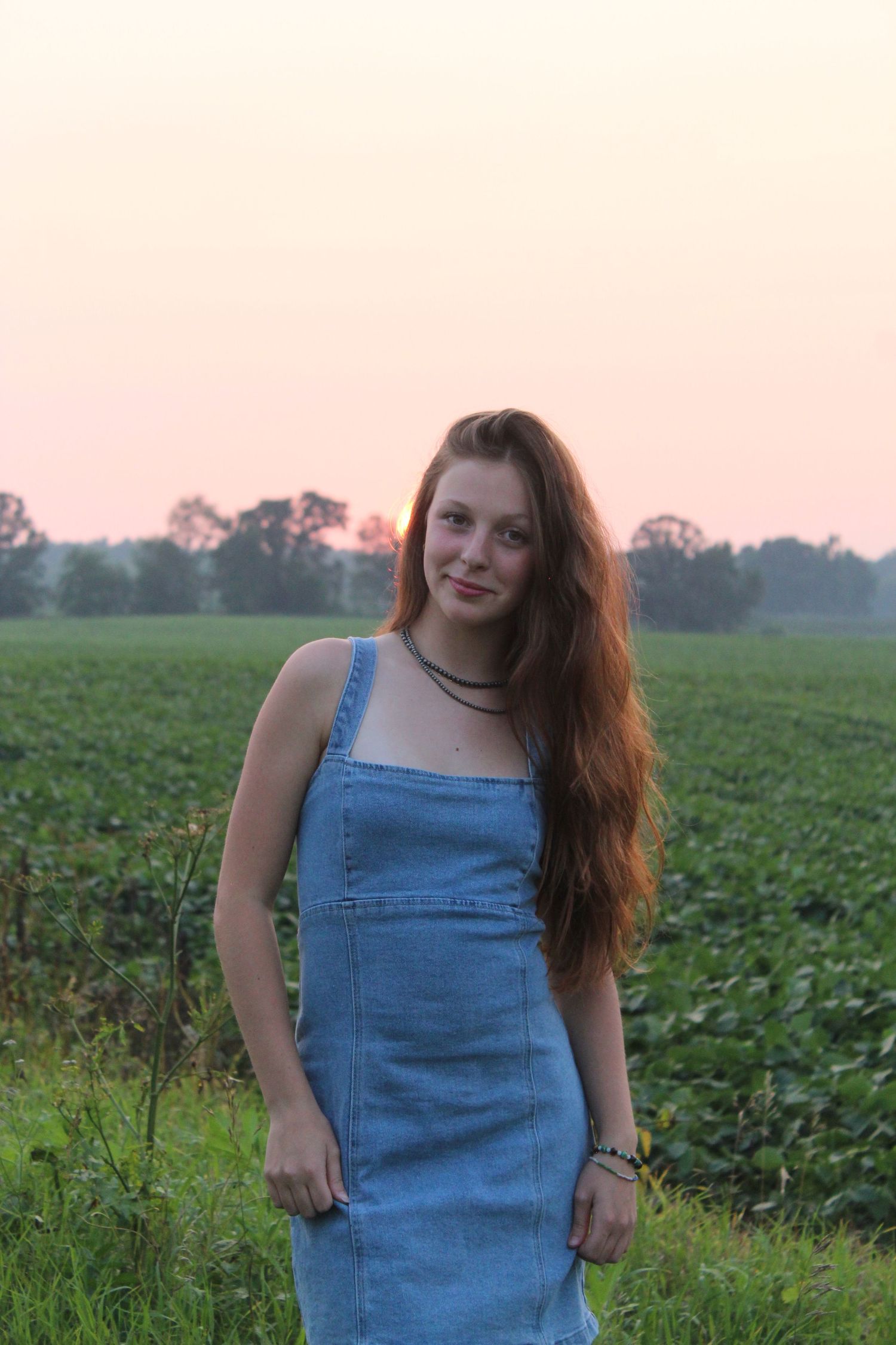 Girl stands in a field at sunset wearing a denim overall dress against a rural countryside backdrop.