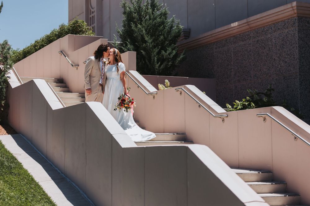 A sequence of outdoor staircase images showing pink walls and white steps in different architectural angles.
