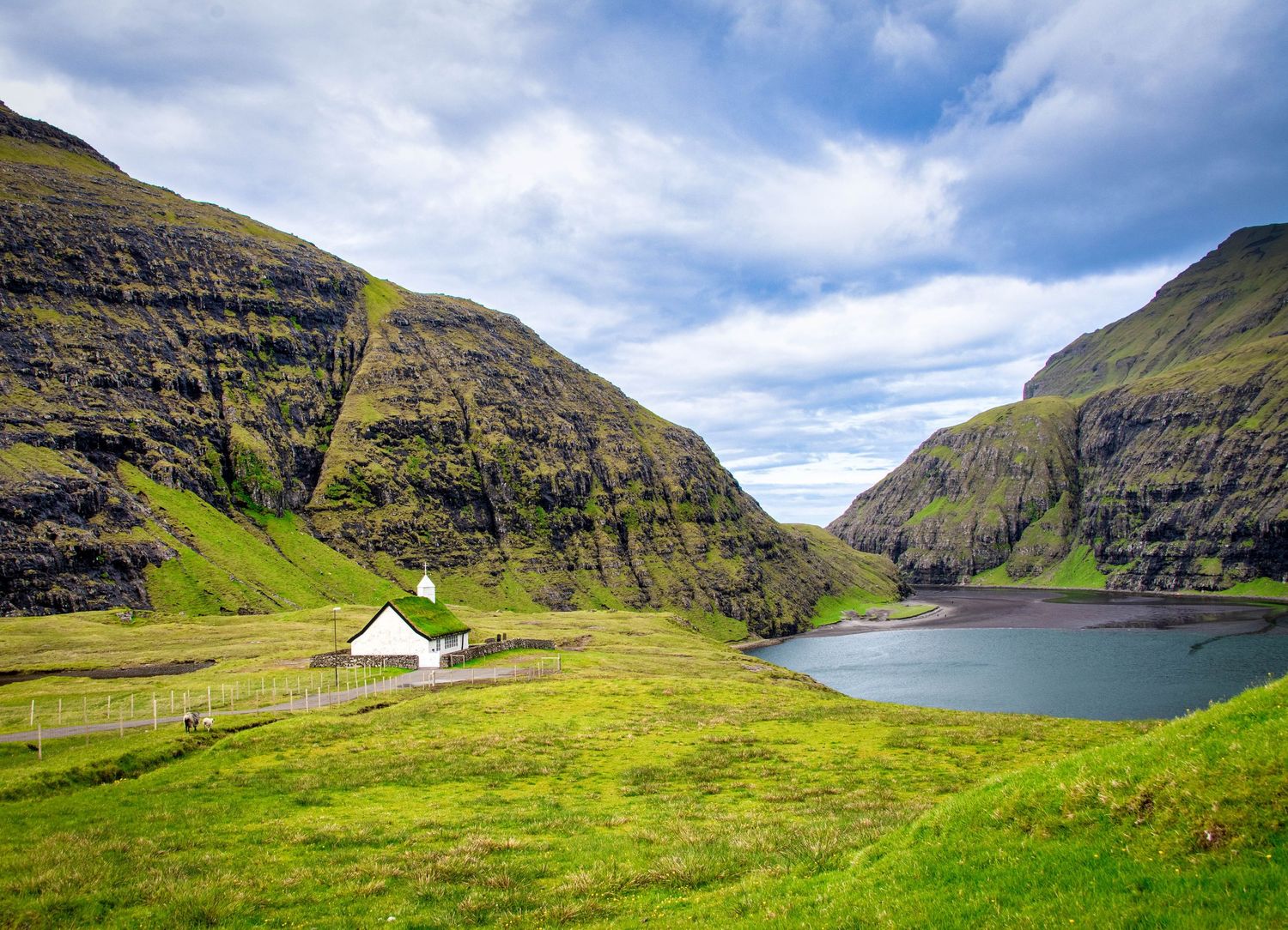 Rolling green hills and mountains surrounding a remote fjord in the Faroe Islands.