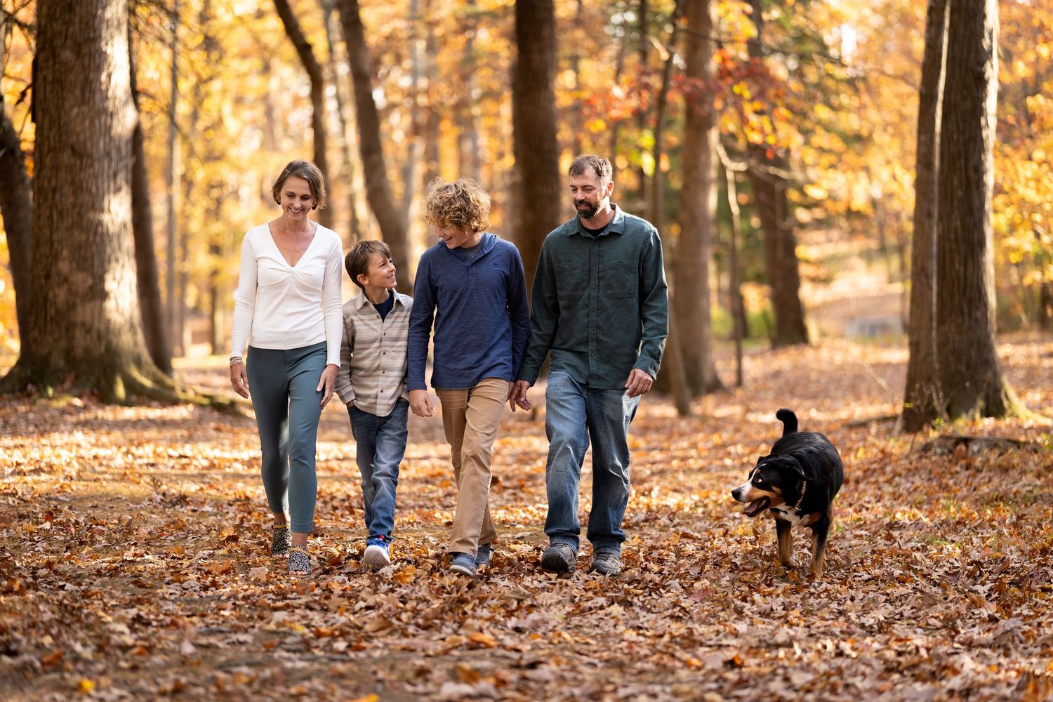 A group of people walking their black dog through a forest path covered in autumn leaves on a sunny day.