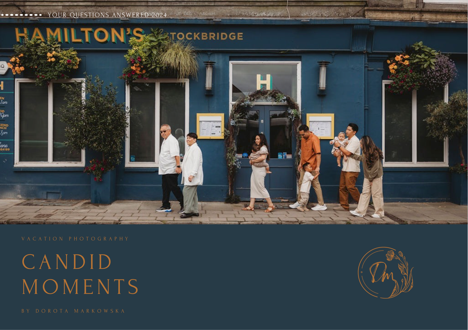 Wide panoramic view of Hamilton's coffee shop with a blue exterior storefront and customers walking outside in Toronto.
