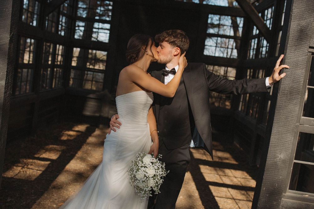 Wedding ceremony moments captured in a rustic outdoor chapel setting with natural lighting.
