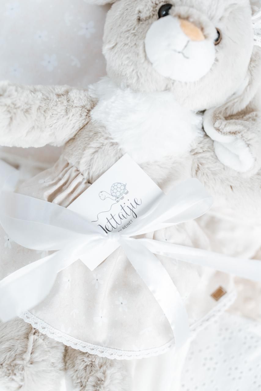 White plush stuffed bunny toy with soft fabric and delicate details on a light background.