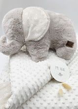 Gray plush elephant stuffed animal with white polka dot minky baby blanket set, perfect for newborns.
