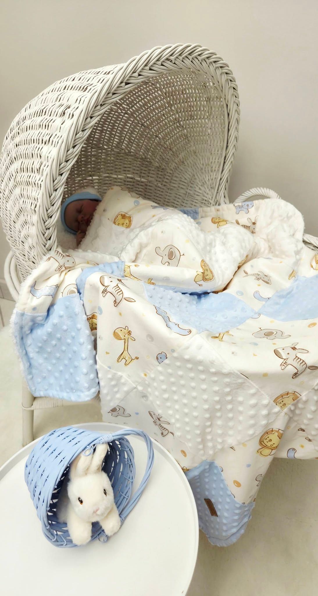 White wicker Moses basket with blue animal print minky blanket, newborn baby, and blue basket with bunny toy.