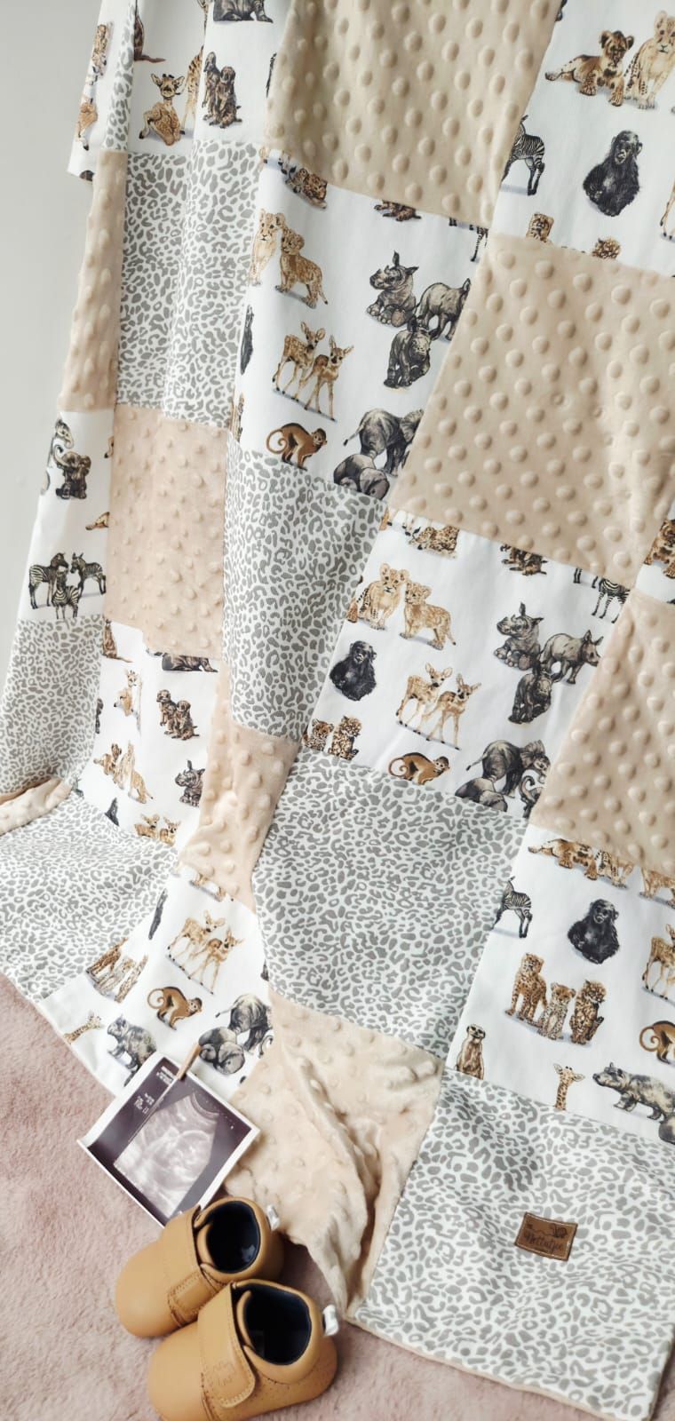 Minky baby blanket with cute dog pattern and matching leopard print fabric shown in multiple angles.