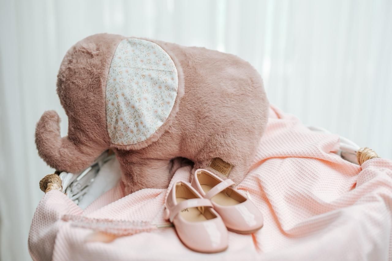 A collection of pink and beige baby items including plush toys and soft accessories arranged in a row.