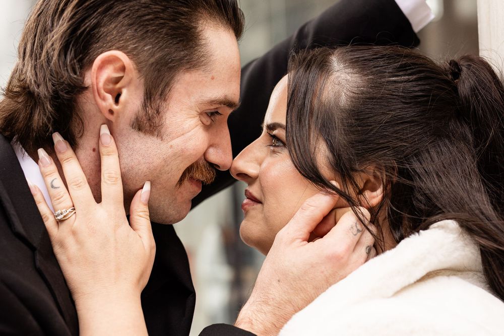 Closeup series of tender romantic moments between couple as they lean in to kiss.