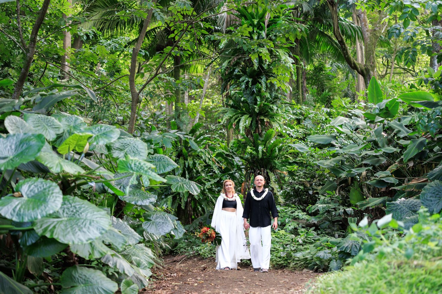 Couple embracing under a sprawling green tree in a lush meadow with misty mountains in the background.