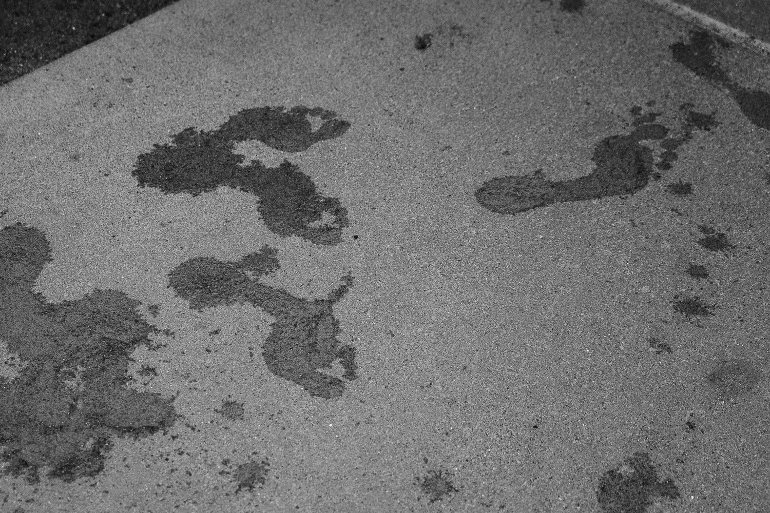 Dark wet footprints on light colored concrete or pavement surface from above.