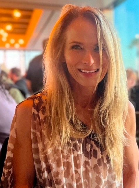 A series of photos showing someone with blonde hair smiling in warm lighting at what appears to be a social gathering.