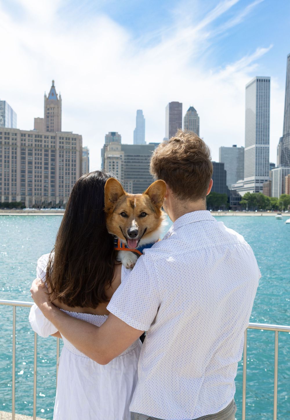 Couple holding a Corgi dog with Chicago skyline and Lake Michigan in the background on a sunny day.