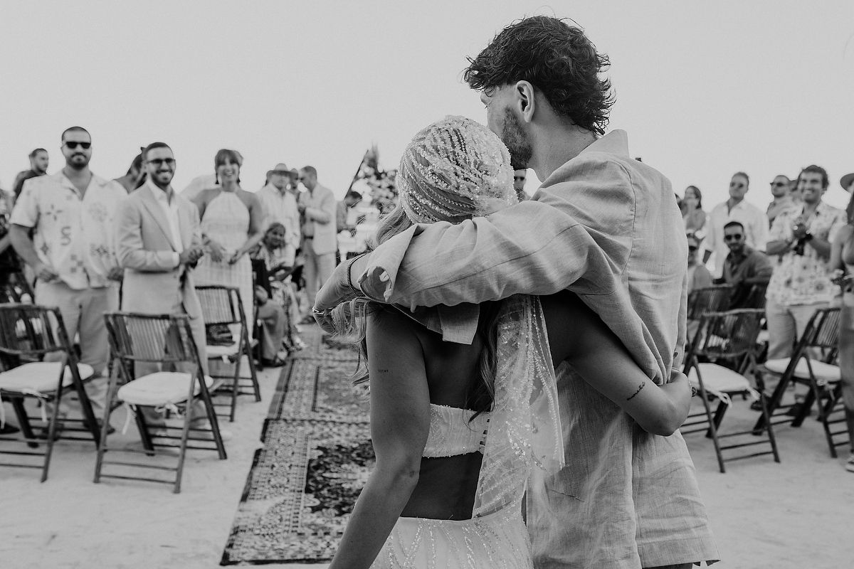 Intimate couple portrait in the jungle, black and white artistic wedding photo at blue venado wedding venue.