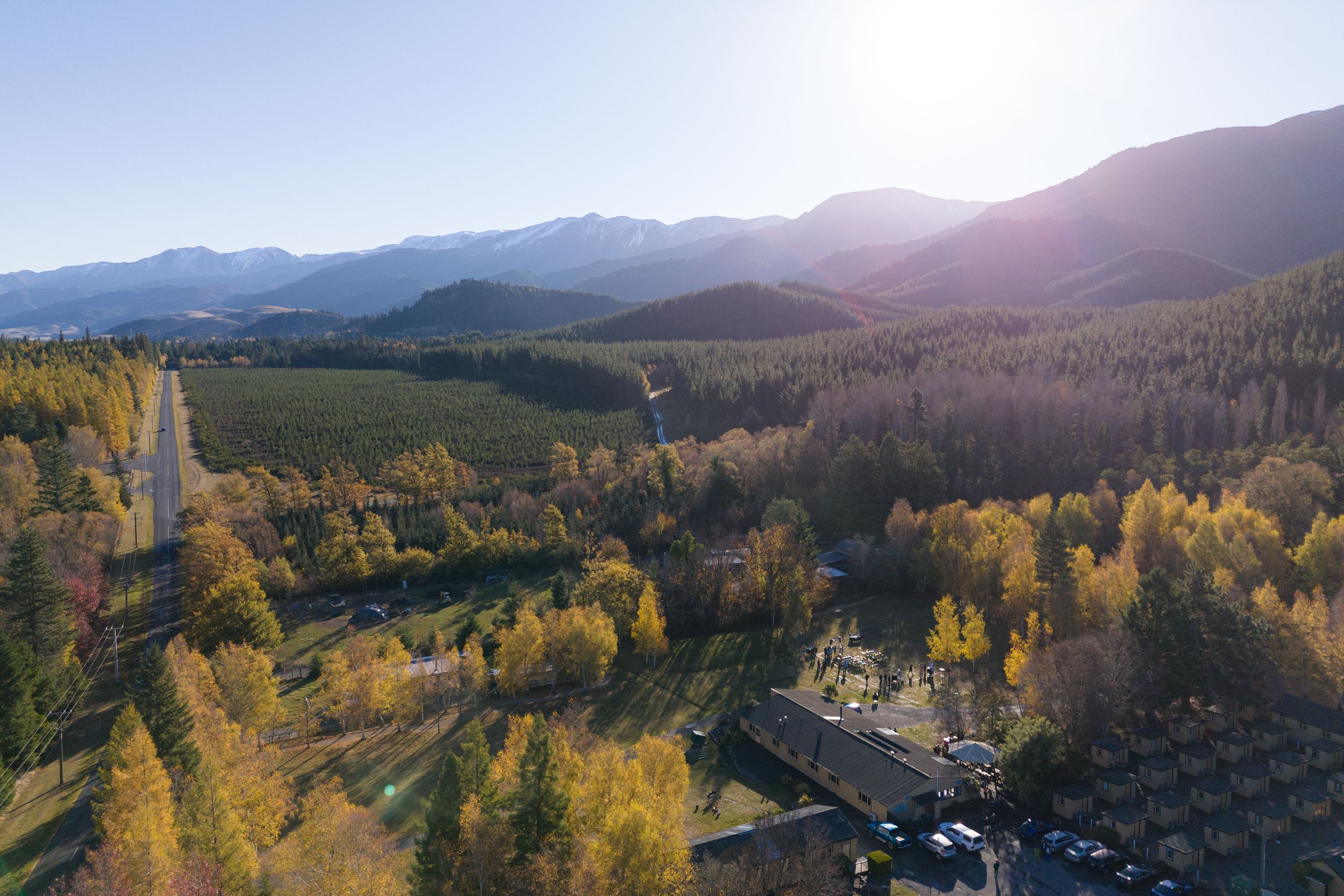 drone photo of Hanmer Springs forest camp wedding venue in Autumn