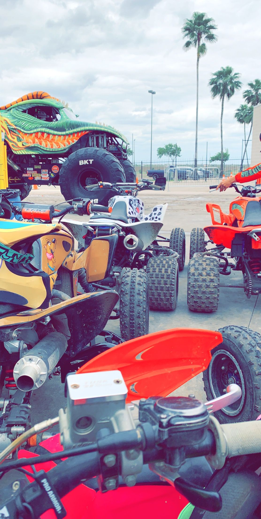 Colorful lineup of ATVs and recreational vehicles with palm trees in background.