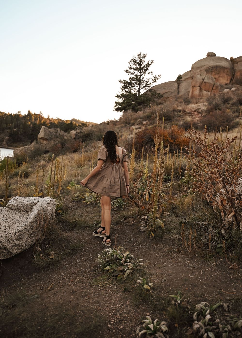 Natural outdoor photography session among rocks and desert plants at dusk.