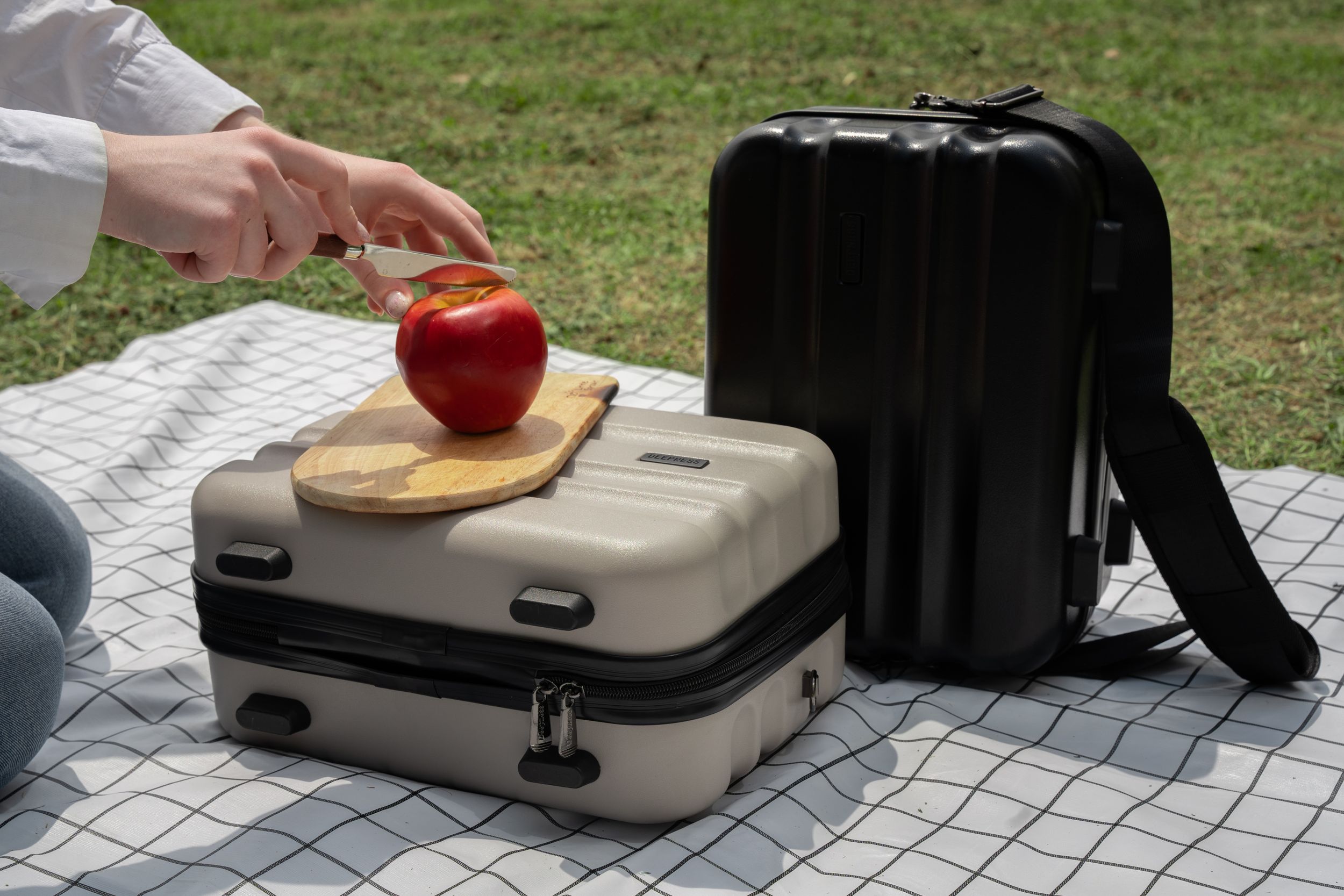 Apple placed on beige and black luggage cases during outdoor picnic setting.