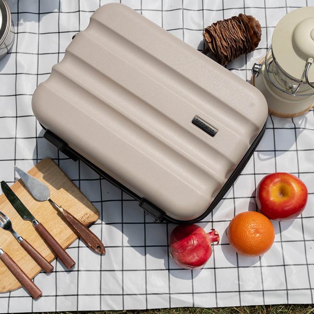 Grey hardshell luggage case displayed with fruit and picnic items on checkered blanket.