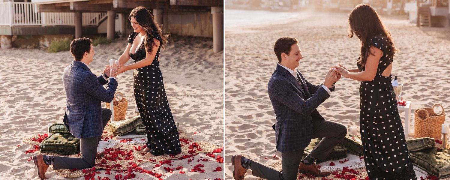 A beachside proposal moment captured on a blanket decorated with rose petals.