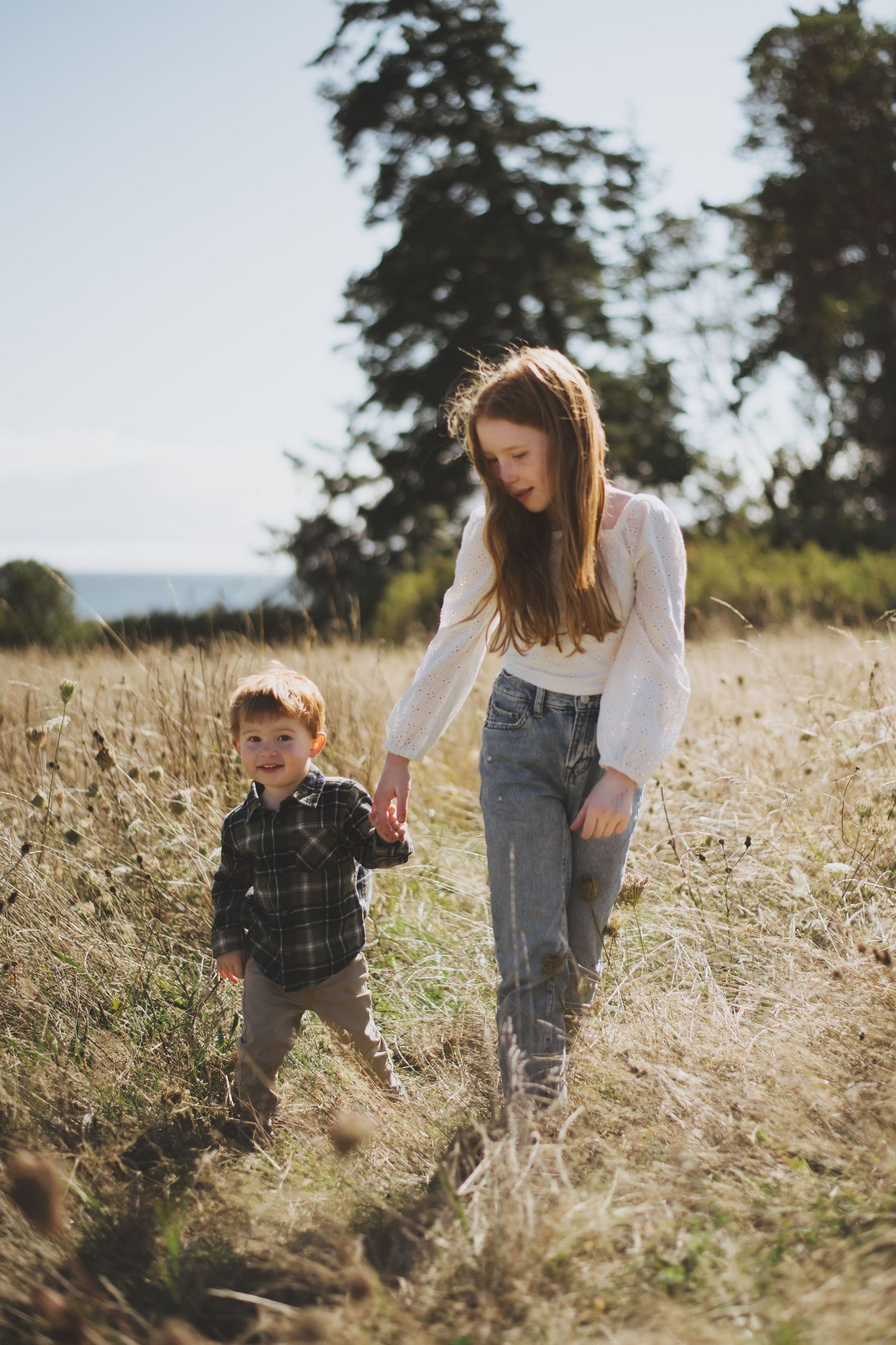 Young girl holding her little brother's hand as they walk through a sunlit field of tall grass.