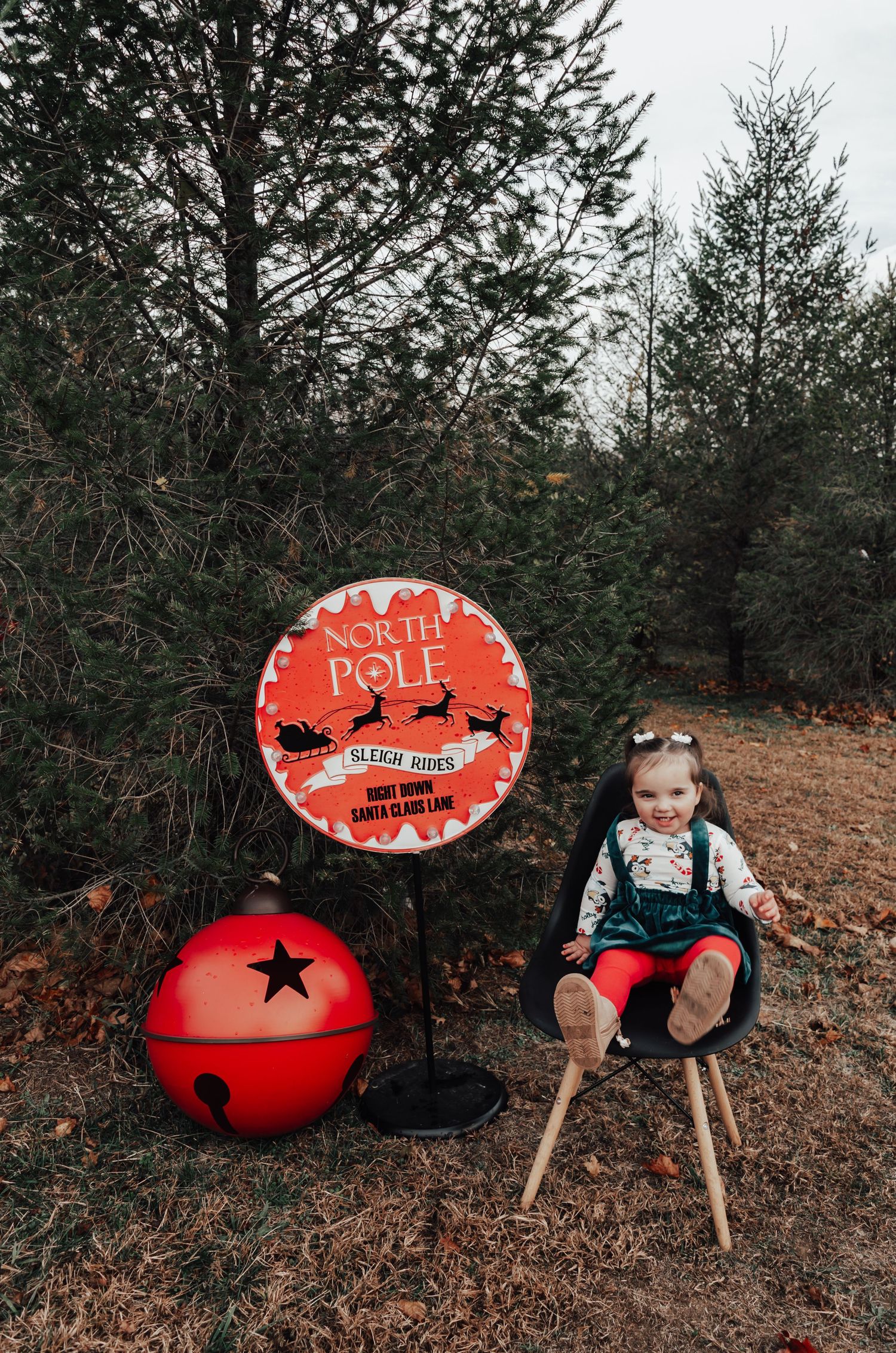 Holiday scene with North Pole sign, red ornament, and rustic chair against pine trees.