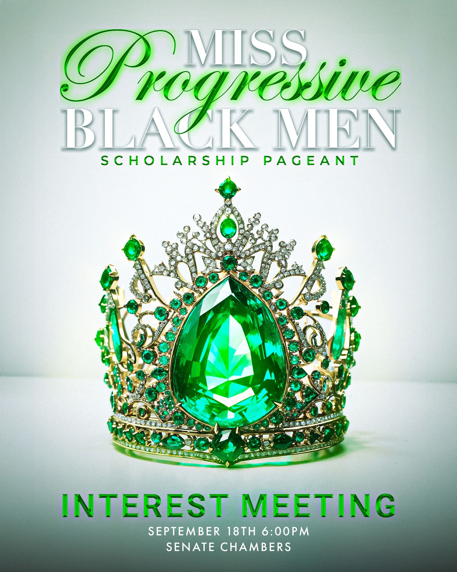 Miss Progressive scholarship pageant promotional banner featuring emerald crown design.