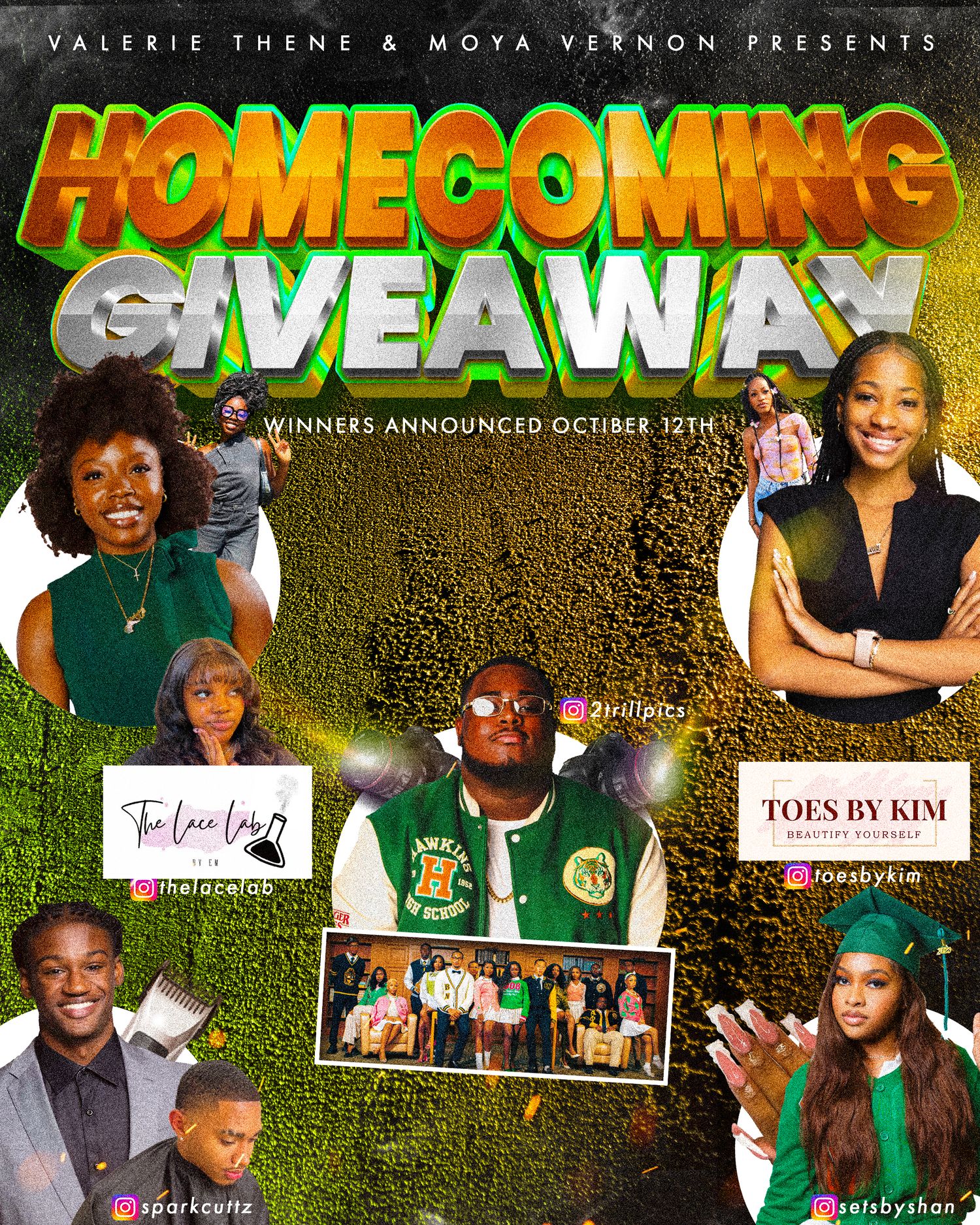 Homecoming giveaway event banner with green and gold school colors.