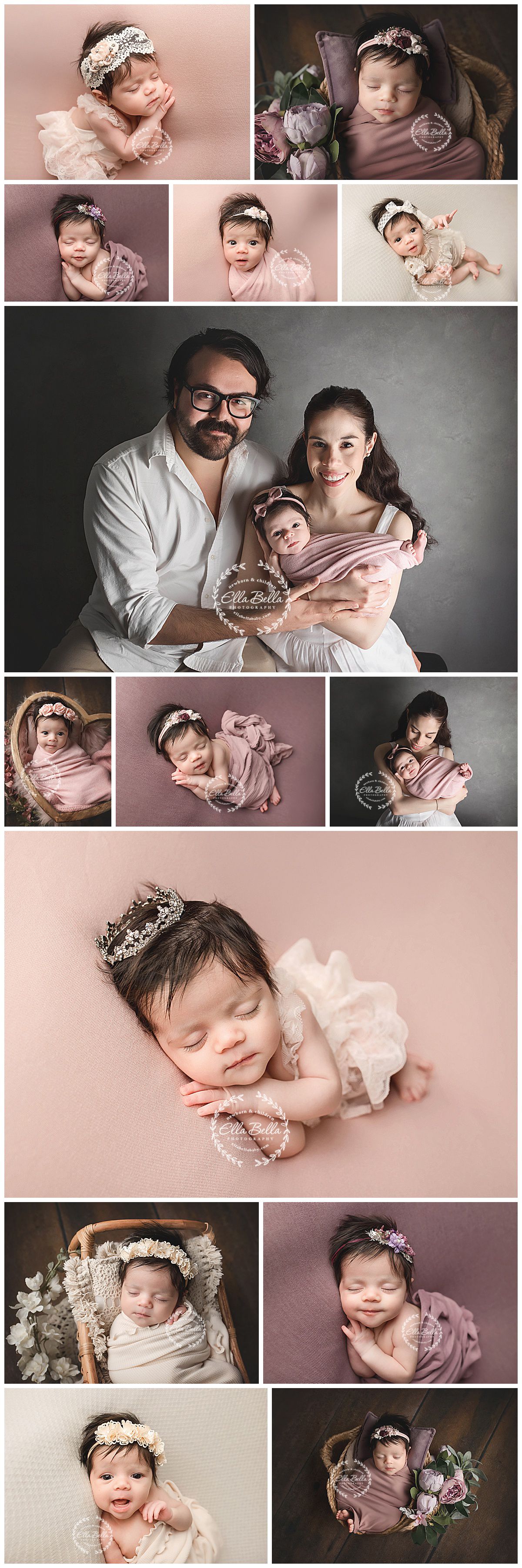 Professional newborn photography collection featuring artistic poses in soft pink tones with floral accessories and headbands.
