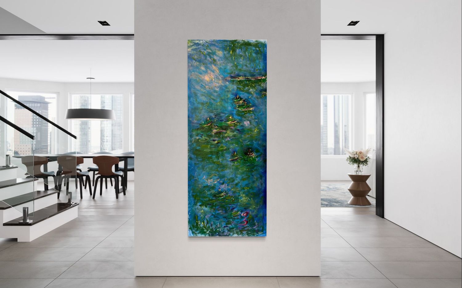 Modern interior with large abstract blue and turquoise painting mounted on white wall between dining and living spaces.