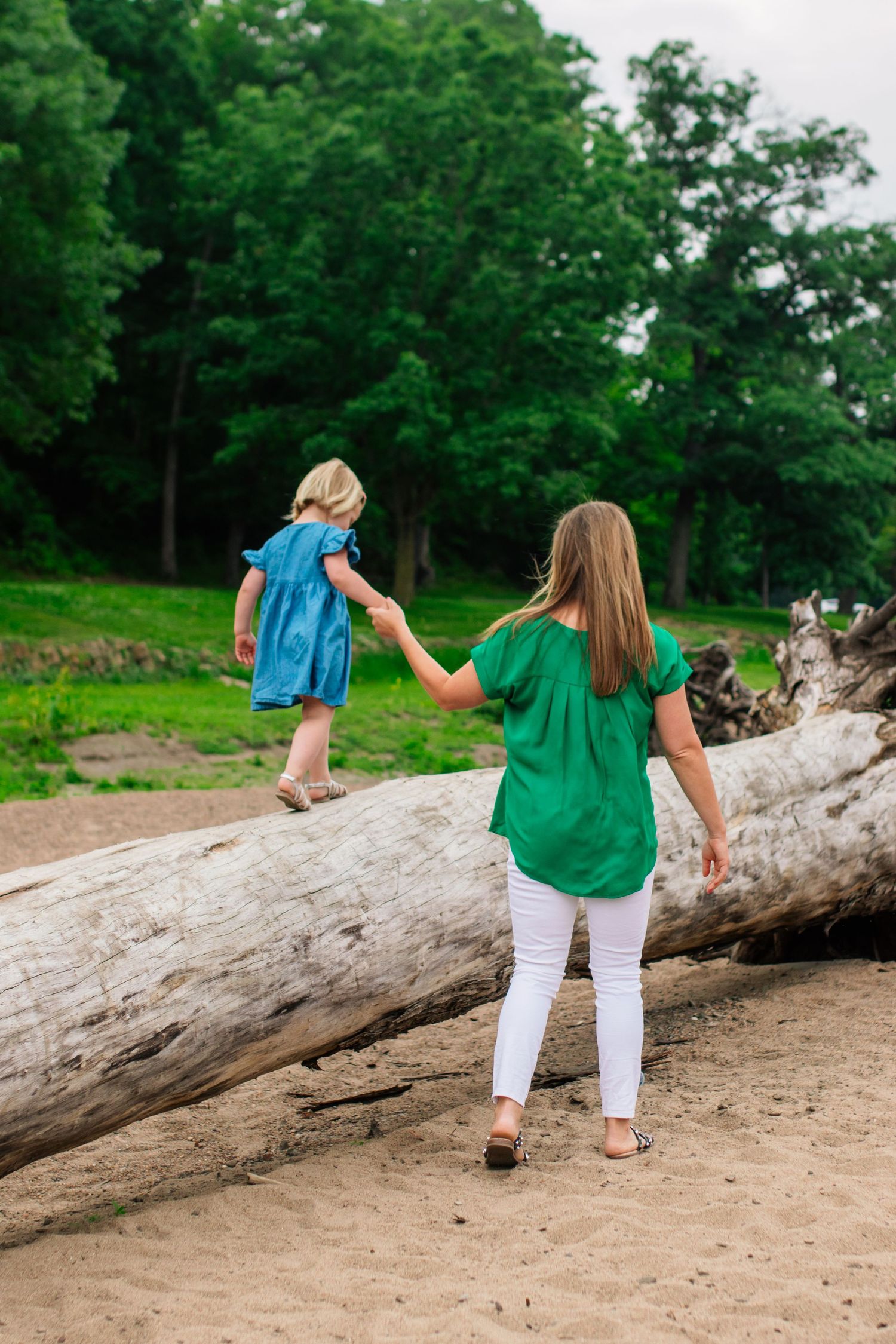 Sequence showing children playing and walking on a fallen tree trunk in a park setting.