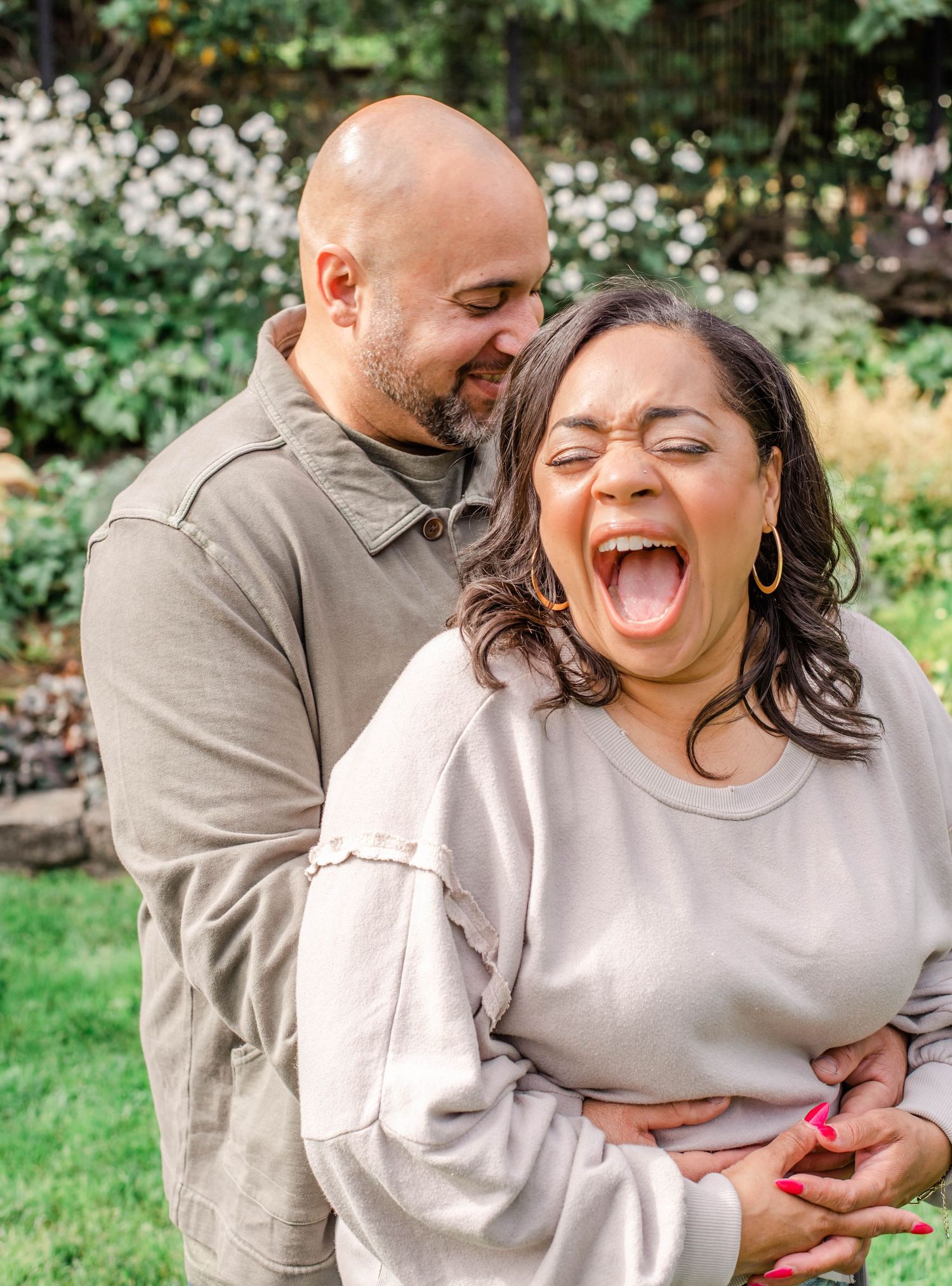 A playful photo sequence showing candid laughter and embraces outdoors.