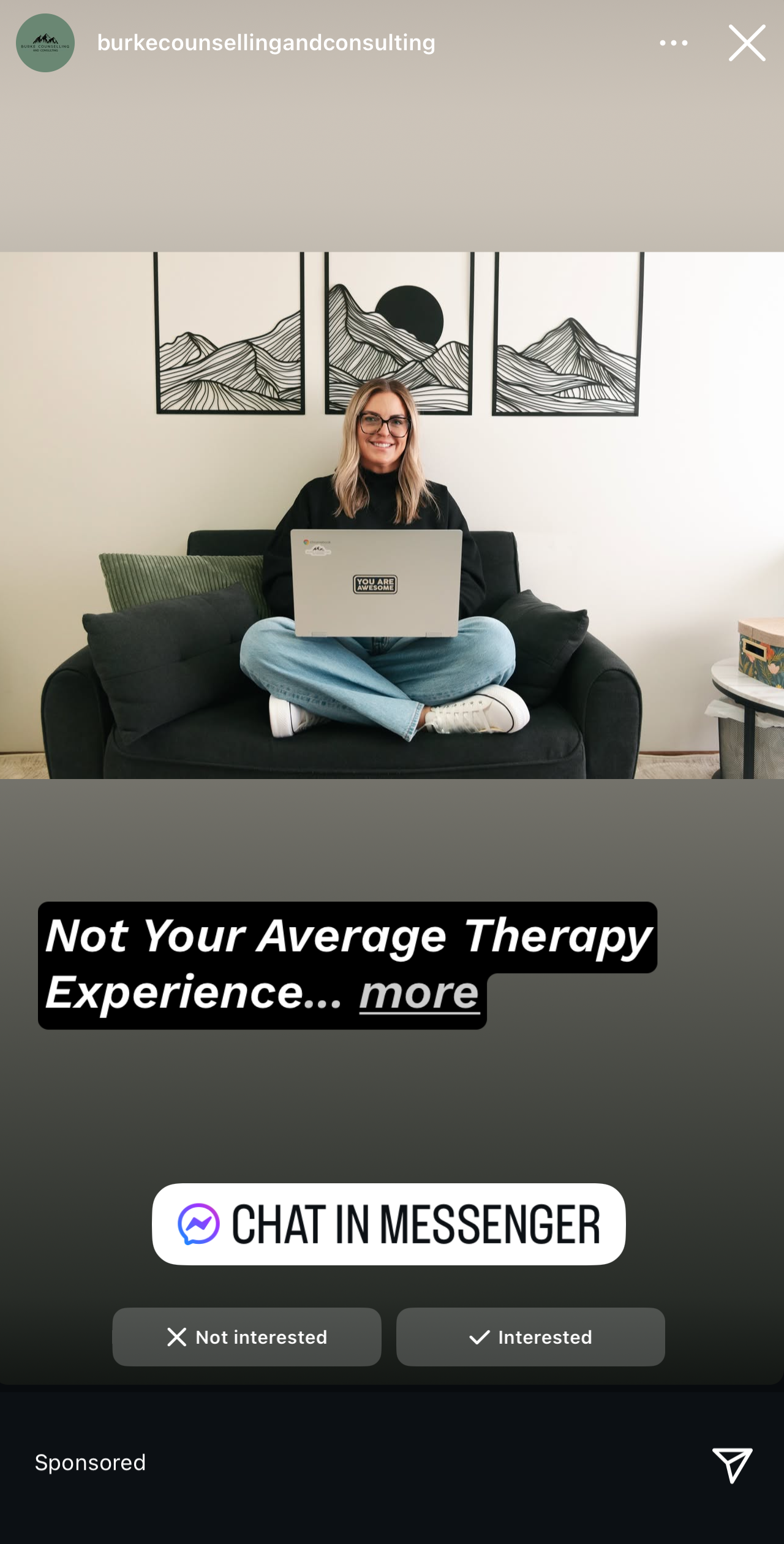 Social media advertisement showing a person on a black couch with laptop, below mountain artwork, offering online therapy services.