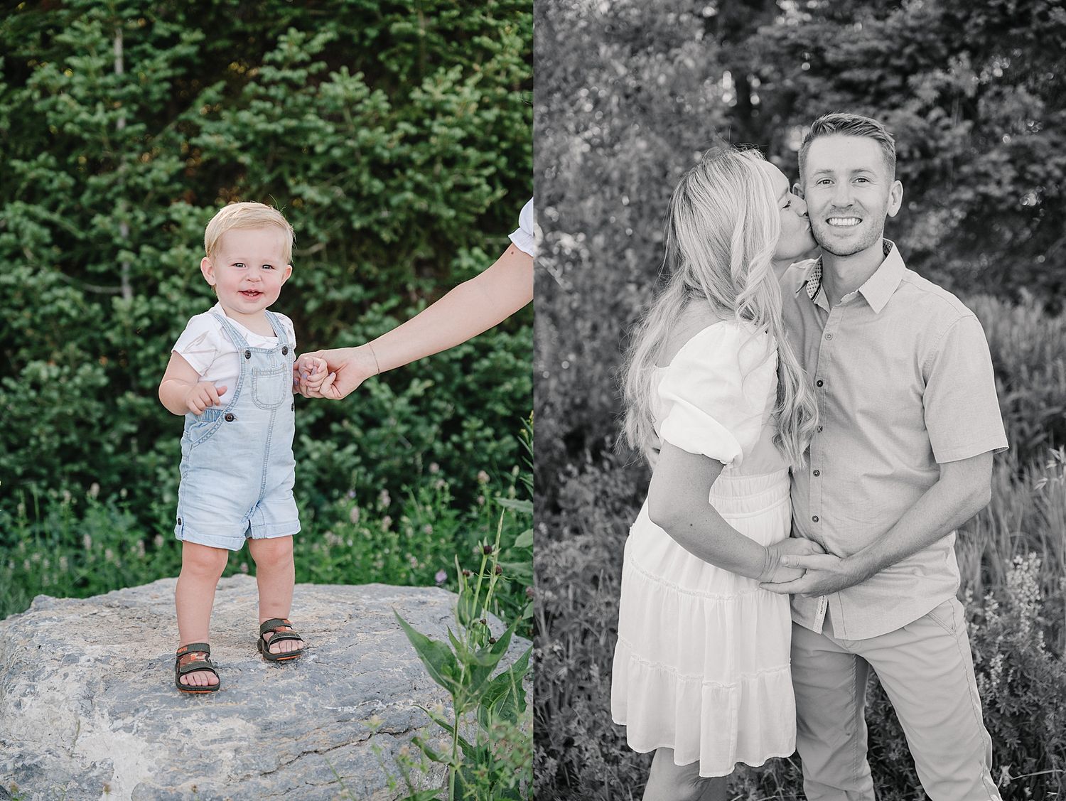 Side by side photos showing a toddler in overalls standing on a rock, and a couple embracing outdoors in casual attire.