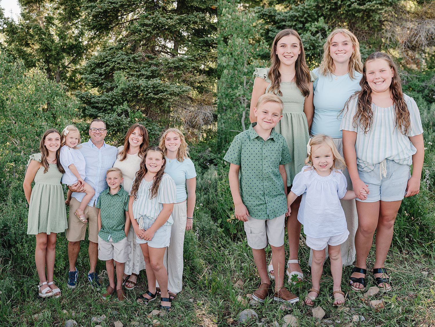Two coordinated family photos taken outdoors with siblings wearing sage green, white and light blue outfits against evergreens.