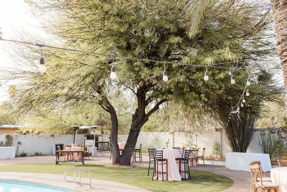Elegant outdoor event setup with cocktail tables beneath a large mesquite tree next to a swimming pool.