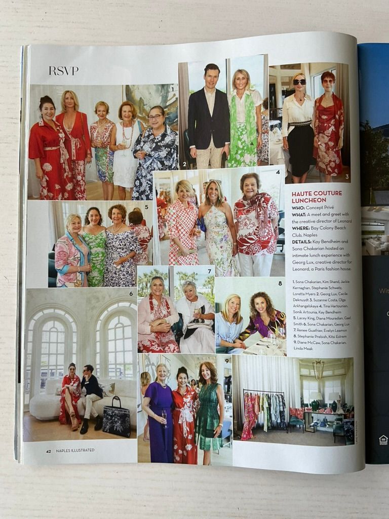 Naples Illustrated RSVP page featuring Haute Couture Luncheon event photos with women in colorful dresses.
