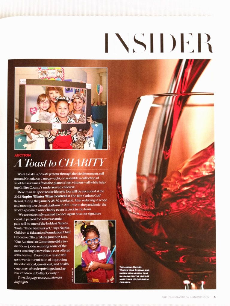 Naples Illustrated Insider page featuring A Toast to Charity article about Naples Winter Wine Festival.