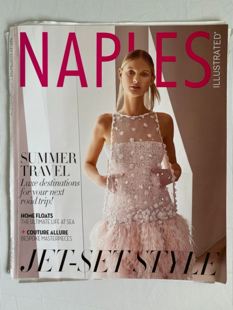 Naples Illustrated magazine cover featuring a model in a pink floral dress with Jet-Set Style headline.