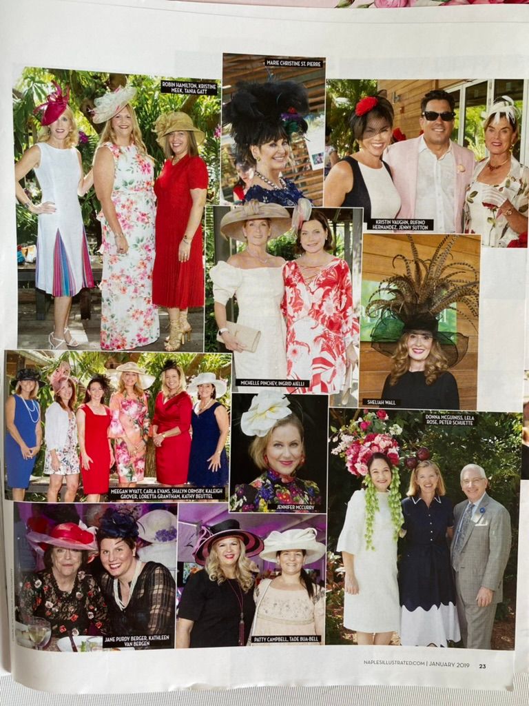 Naples Illustrated social page featuring attendees wearing elaborate hats and colorful outfits at a garden event.