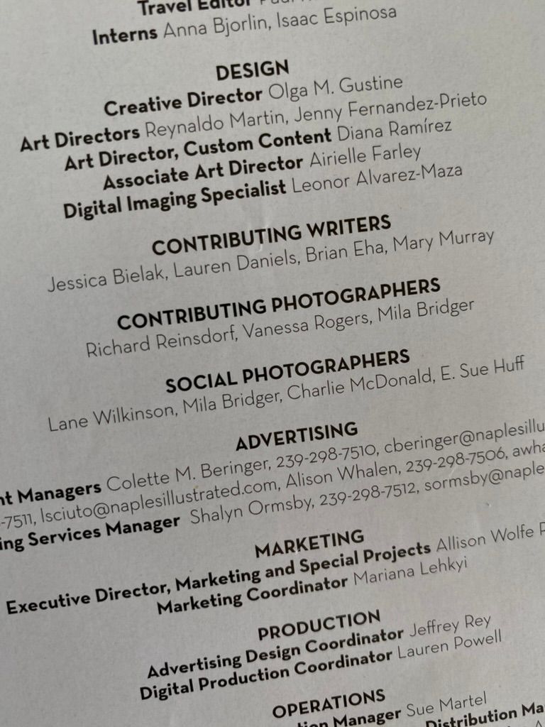 Naples Illustrated magazine masthead listing design, contributing writers, photographers, and advertising staff.