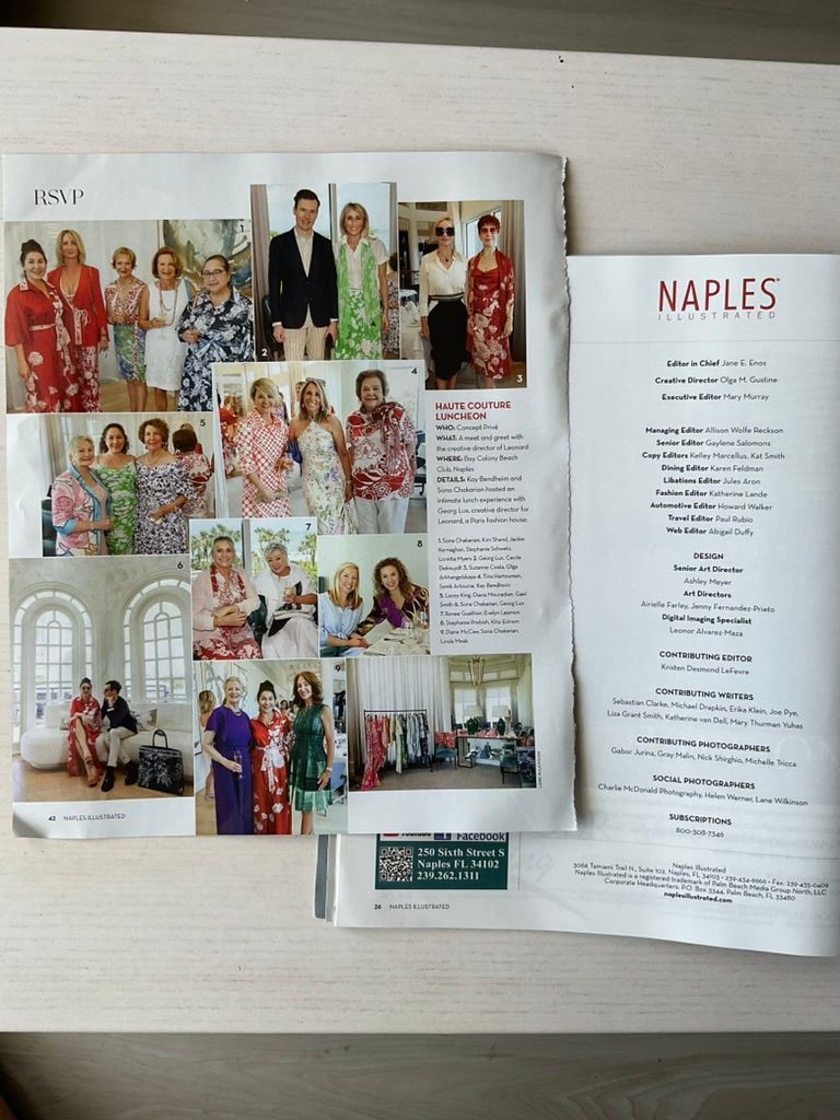 Naples Illustrated magazine open to RSVP Haute Couture Luncheon page alongside masthead staff listing.