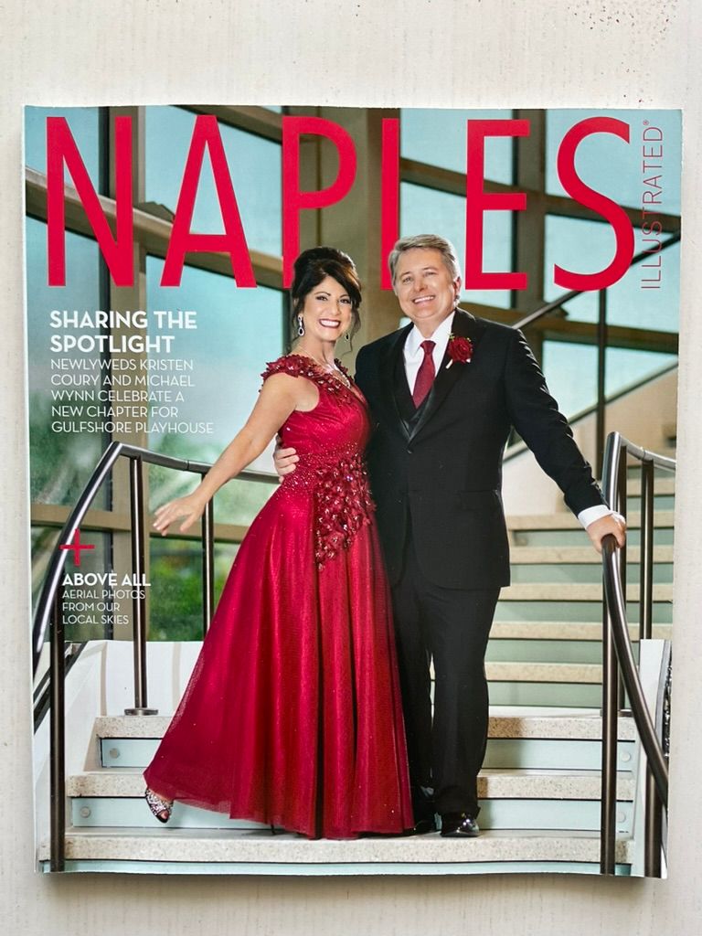 Naples Illustrated magazine cover featuring newlyweds Kristen Coury and Michael Wynne on stairs.